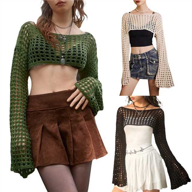 Women's Crochet Knit Crop Top Long Sleeve Crew Neck Cover-Up