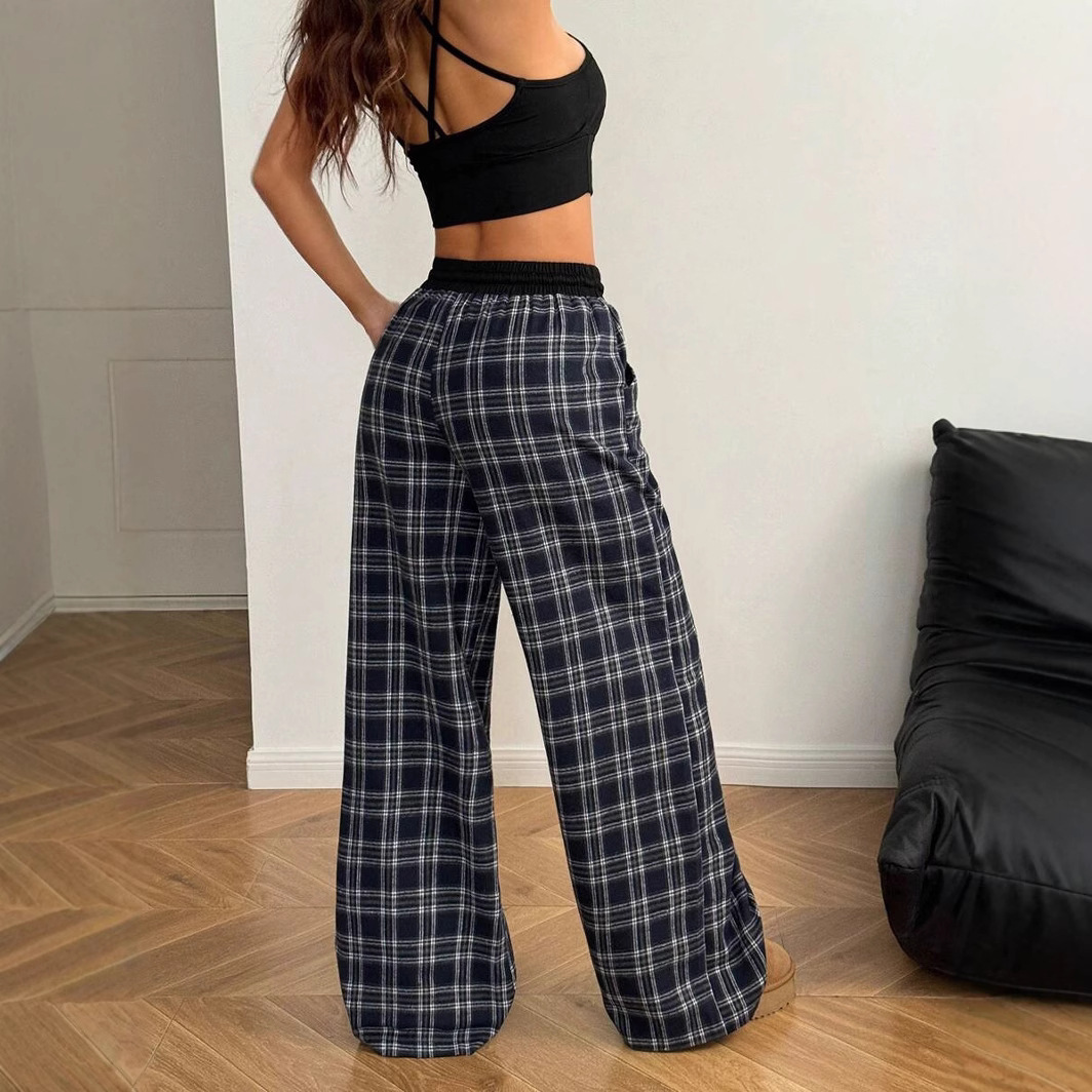 Retro Plaid Wide-Leg Lounge Pants High-Waist Color-Block Casual