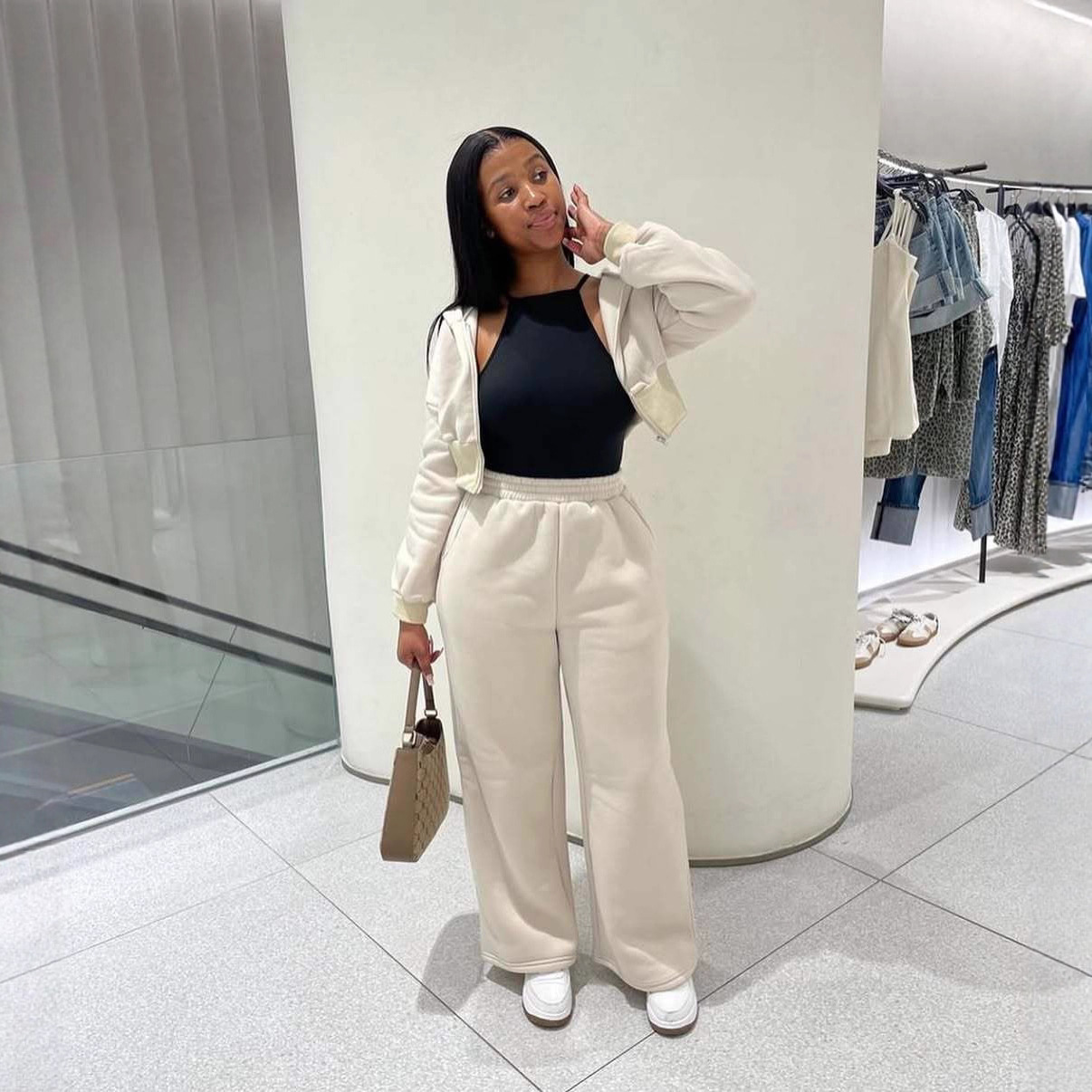 Women's Casual Two-Piece Set Long Sleeve Zip Hoodie & Solid Drawstring Pants