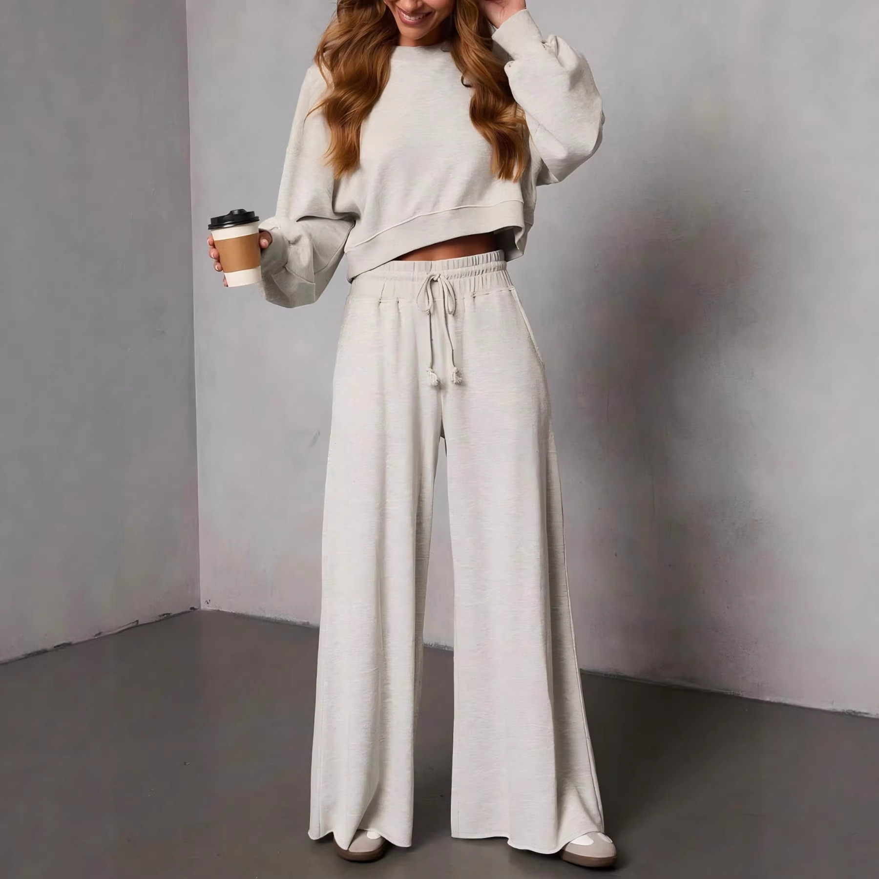 Women's Wide-Leg Drawstring Smocked Casual Pants Solid Color