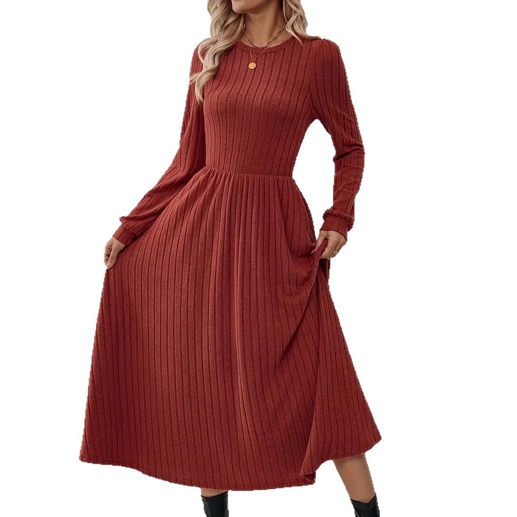 Women's Long Sleeve Crew Neck A-Line Knit Dress Solid Color