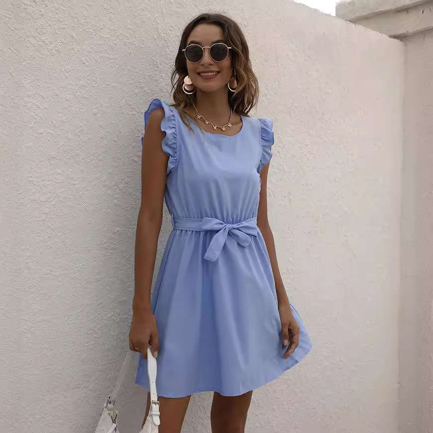Women's Summer Solid Color Round Neck Tie-Waist Dress