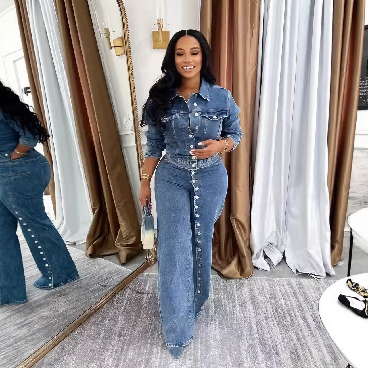 Women's High-Stretch Button-Front Washed Denim Two-Piece Set