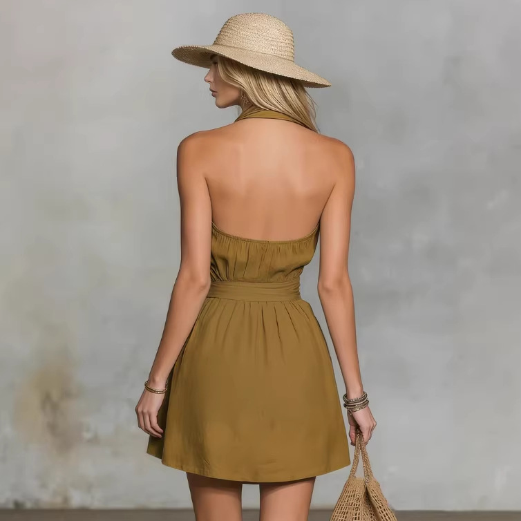 Vintage Open-Back V-Neck Sleeveless Mini Dress