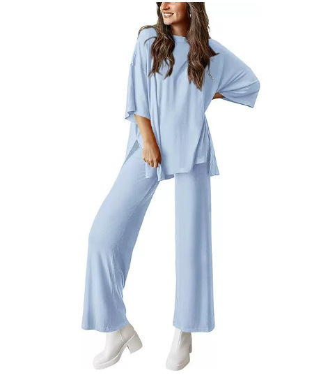 Women's Casual Two-Piece Set Short Sleeve Top & Wide-Leg Pants