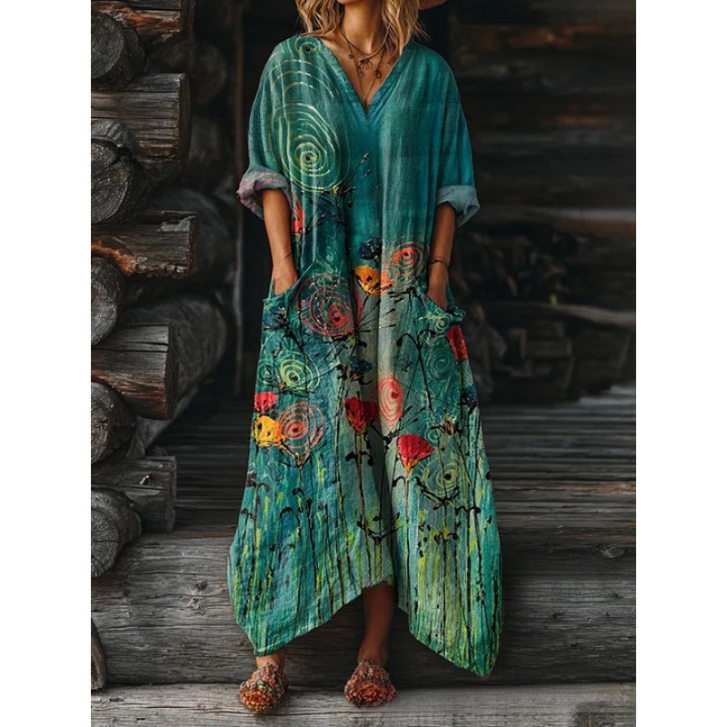Women's Floral Ripple Print V-Neck A-Line Midi Dress Long Sleeve