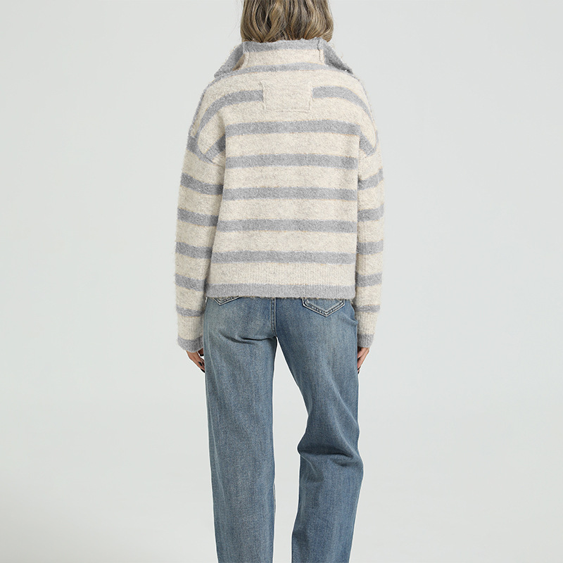Women's Button-Up Stand Collar Striped Colorblock Knit Cardigan