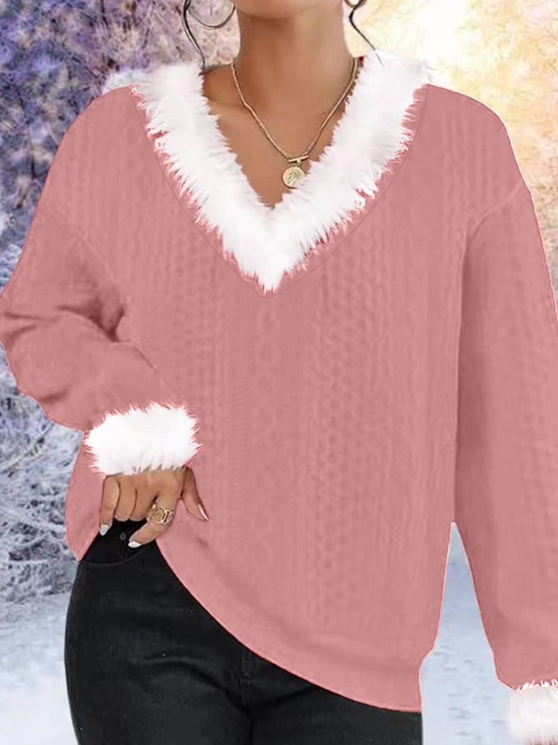 Women's Loose V-Neck Long Sleeve Cable Knit Sweater Solid Color Pullover