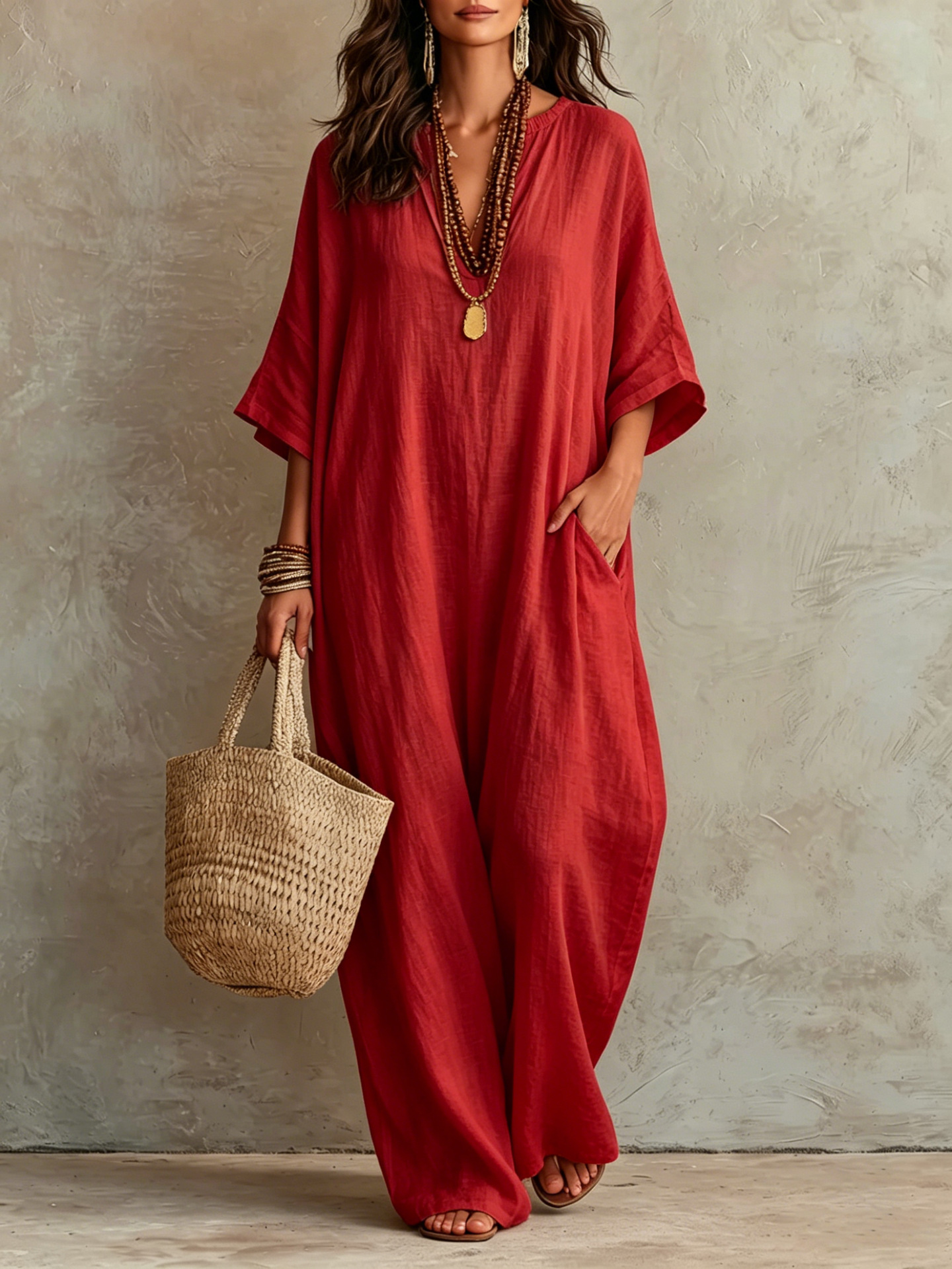 Cotton Linen Loose V-Neck Boho Maxi Dress 3/4 Sleeve