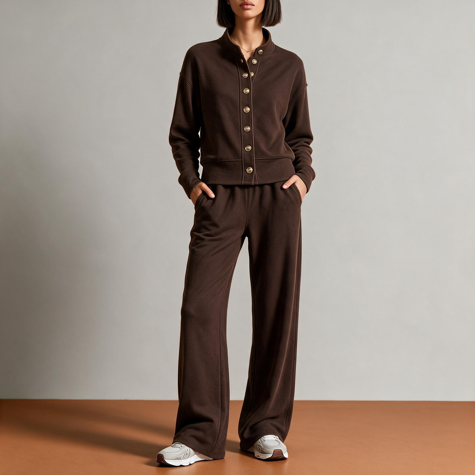 Women's Solid Stand-Collar Cardigan Hoodie & Wide-Leg Pants Set