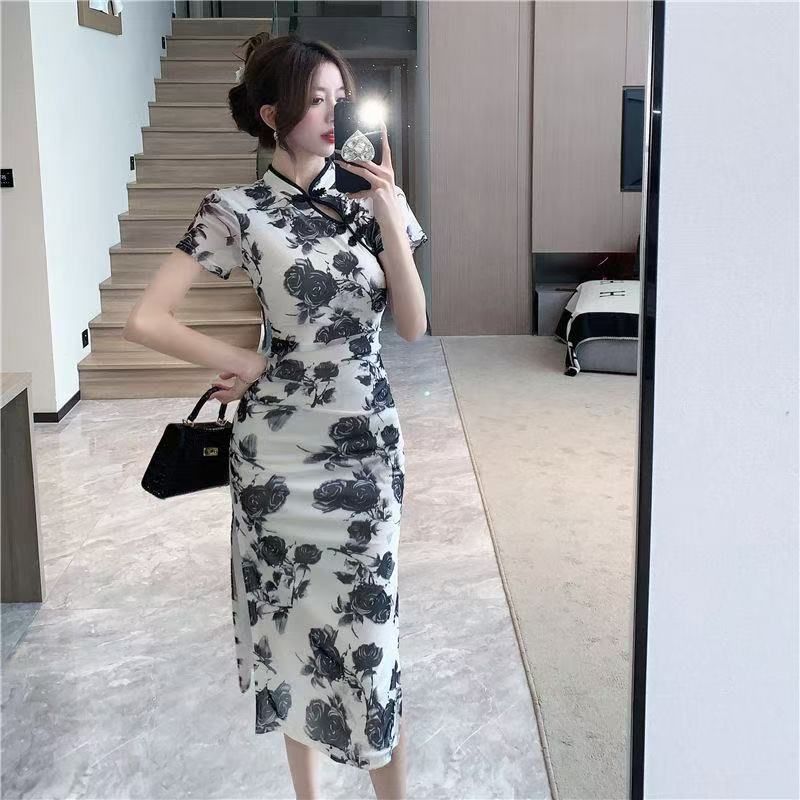 New Chinese Style Floral Print Pleated Cheongsam Dress