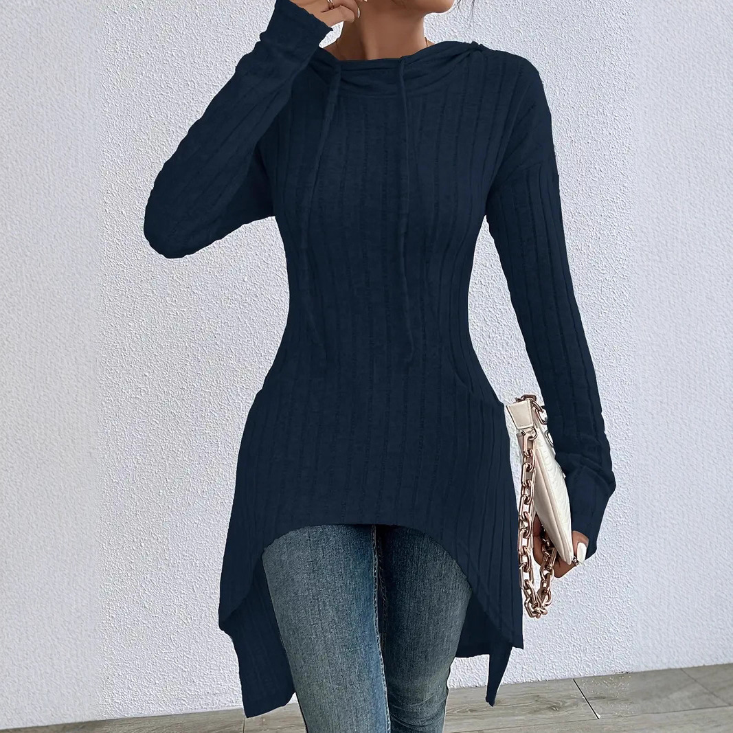 Women's Ribbed Knit Hooded Drawstring Tunic Sweatshirt