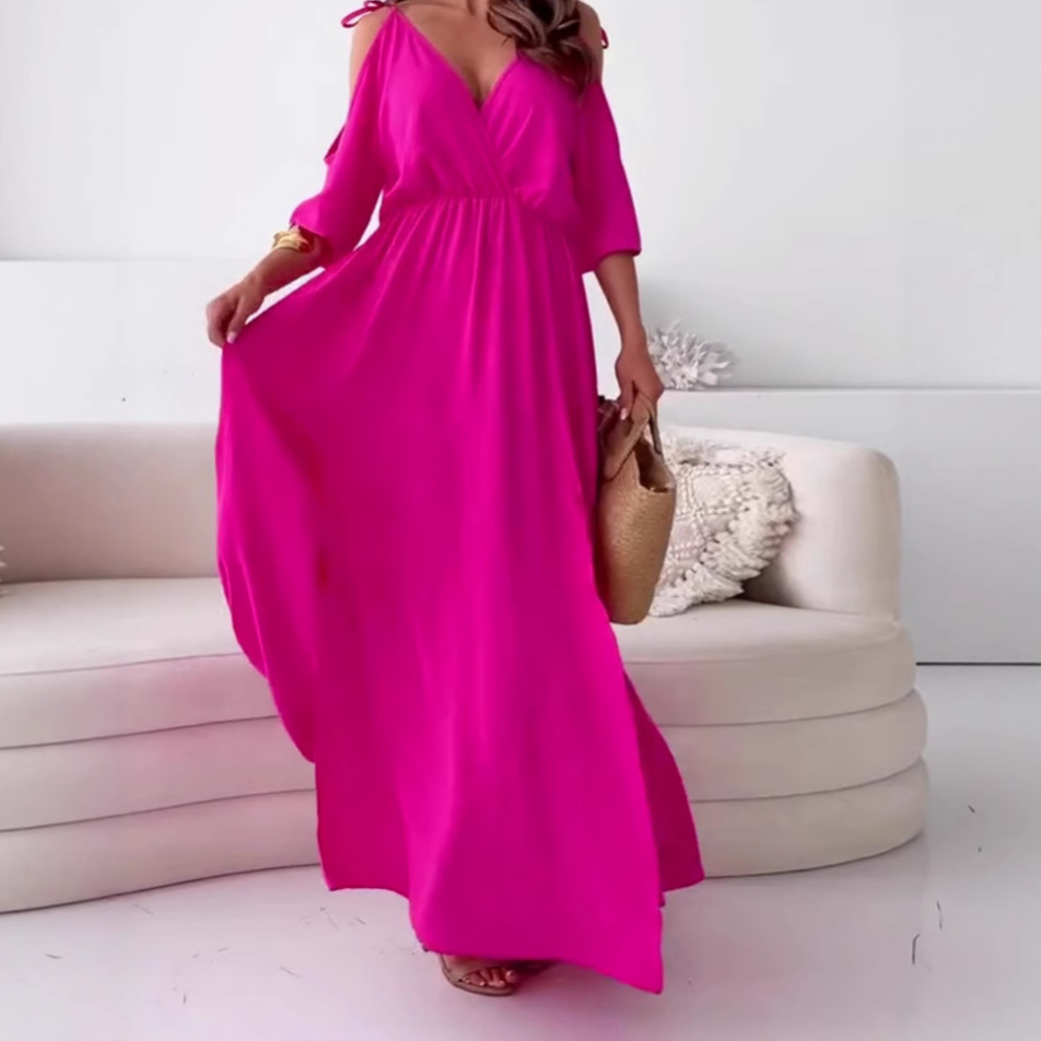 Solid Color Off-Shoulder V-Neck Cinched Waist A-Line Midi Dress with Five-Quarter Sleeves