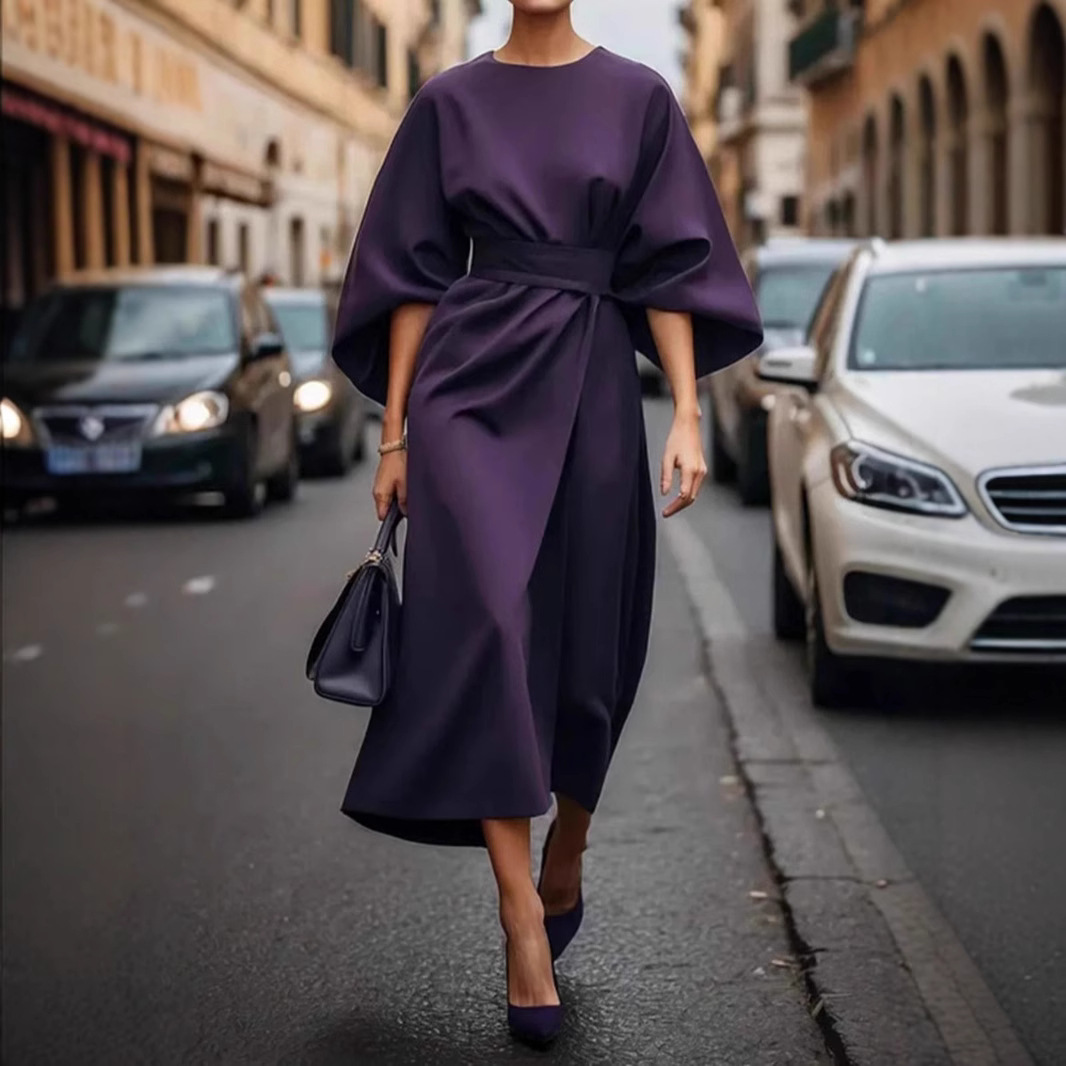 Women's Elegant Solid Color Waist-Cinched Batwing Sleeve Long Dress