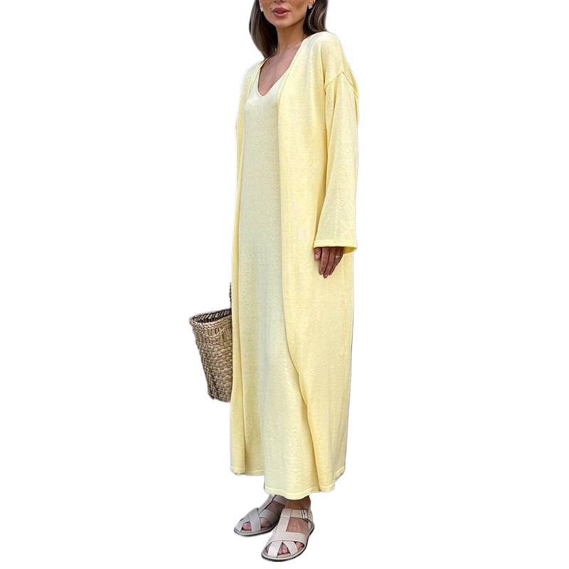 Women's Solid Color Sleeveless Midi Dress and Long Sleeve Cardigan Knit Set
