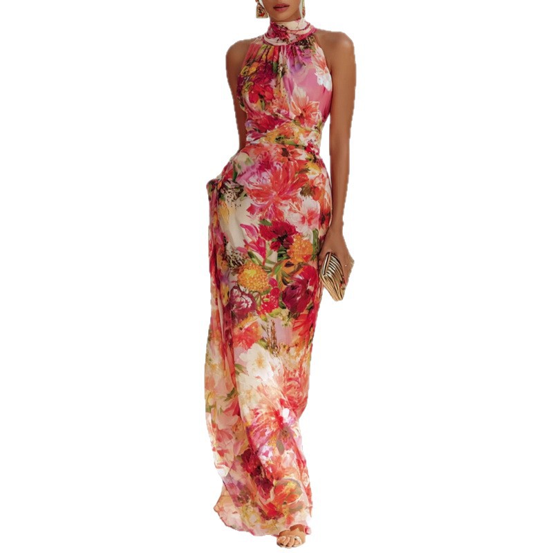 Floral Halter Sleeveless Bodycon Midi Dress