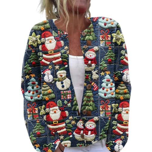 Women's Christmas Cardigan with Cartoon Star Santa Print and Buttons