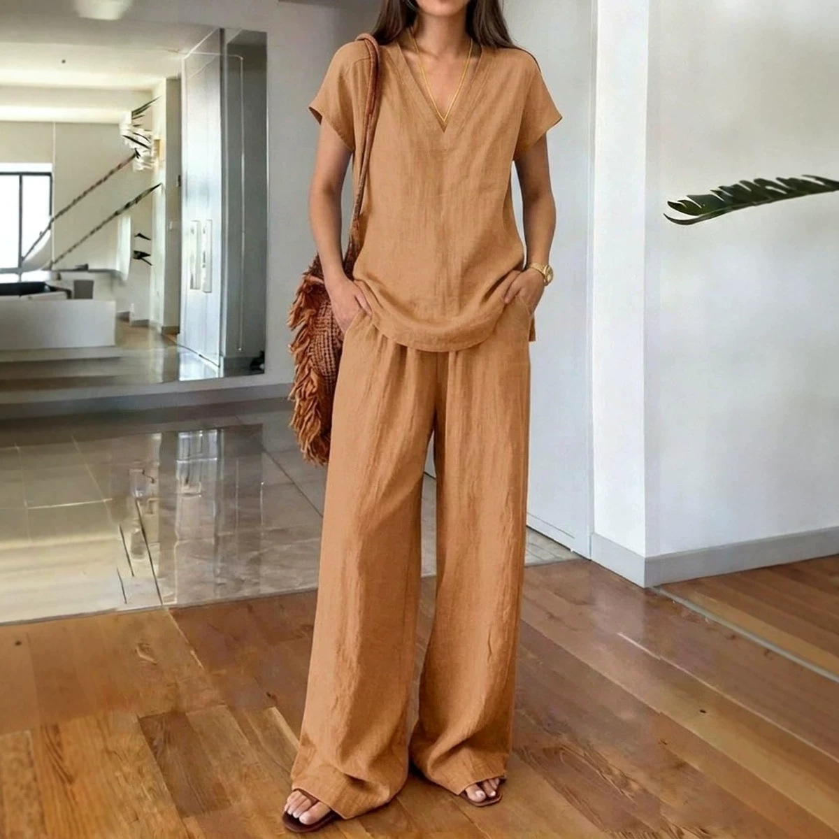 Women's V-Neck Short Sleeve Top & Wide Leg Pants Set