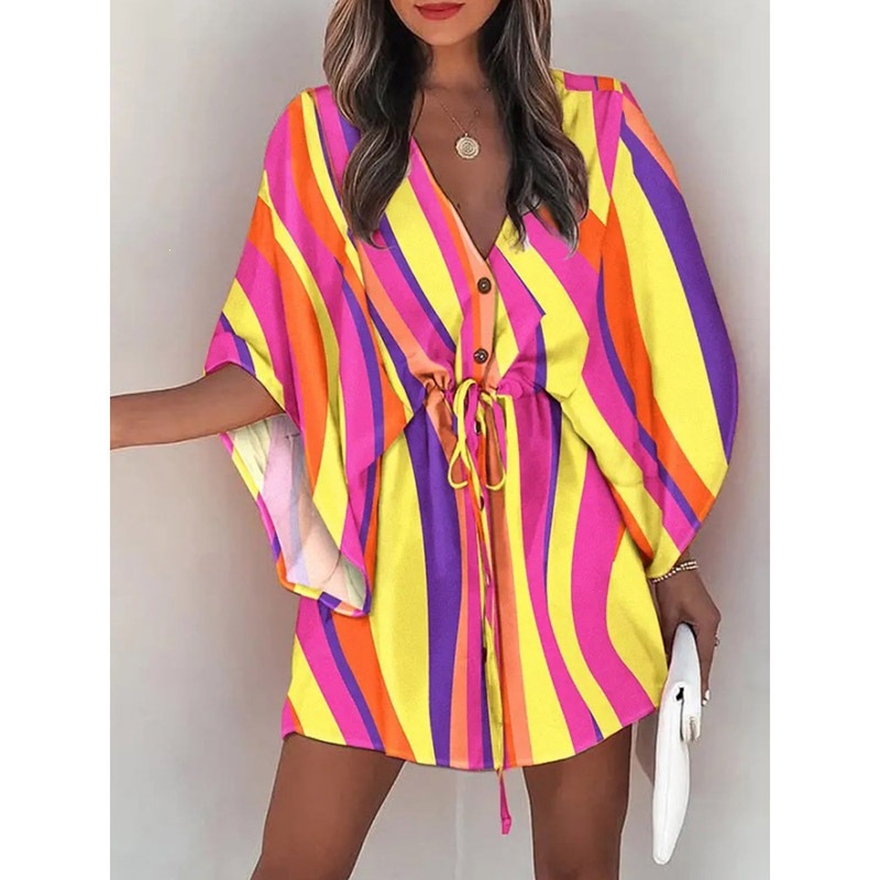 Women's Summer V-Neck Tie-Front Floral Print Patchwork Beach Dress