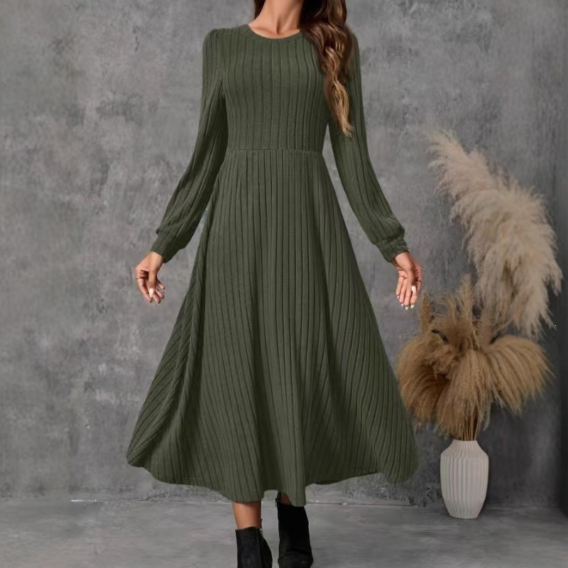Women's Long Sleeve Crew Neck A-Line Knit Dress Solid Color
