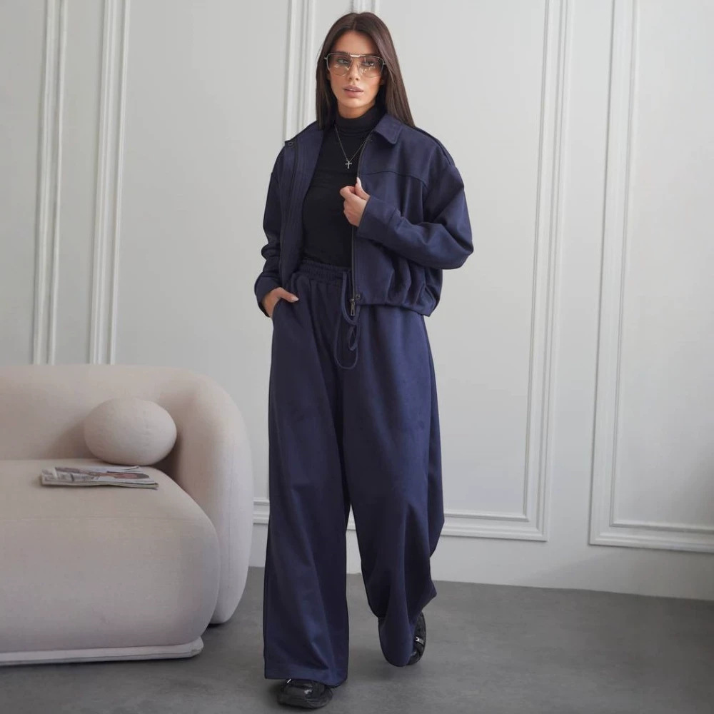 Women's Faux Suede Open-Front Jacket and Pants Set