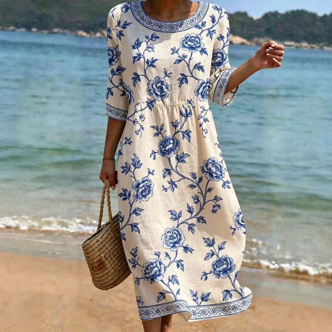 Women's Vintage Floral Print Pleated Midi Dress