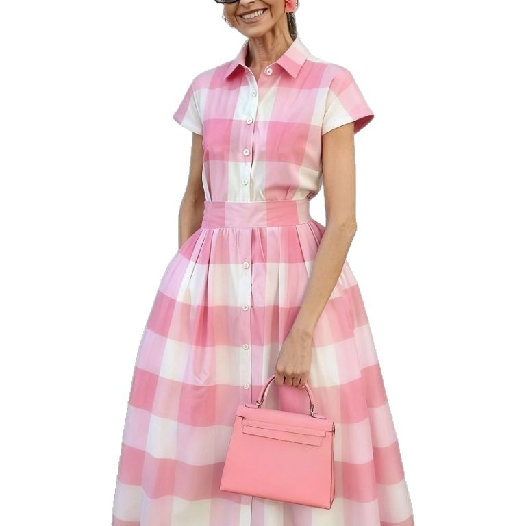Pink Plaid Print Short Sleeve A-Line Midi Dress