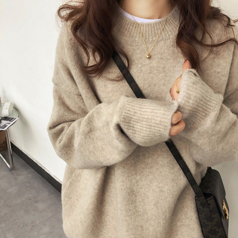 Women's Crewneck Sweater Loose Retro Solid Color Pullover Soft Thick Knit