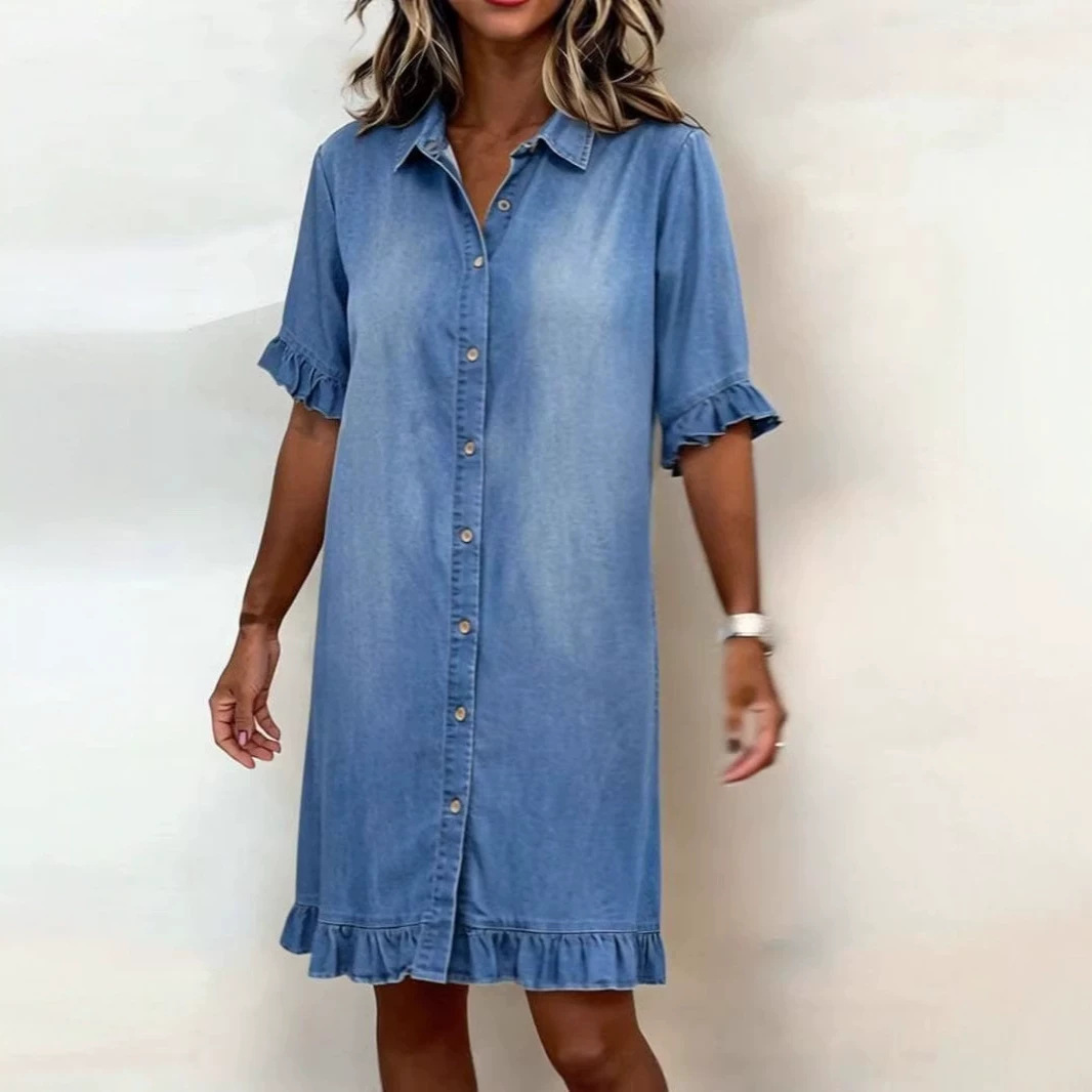 Women's Ruffle Cuff Loose Shirt Denim Dress
