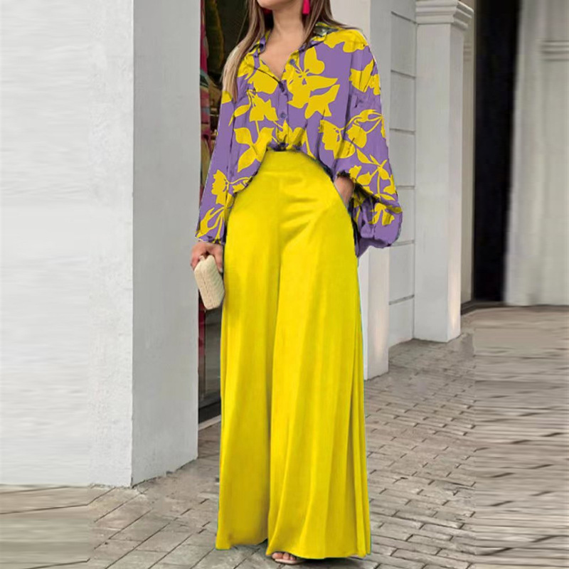 Women's Printed Shirt & Wide-Leg Pants Casual Set