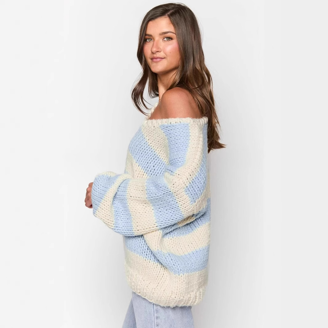 Striped One-Shoulder Knit Sweater