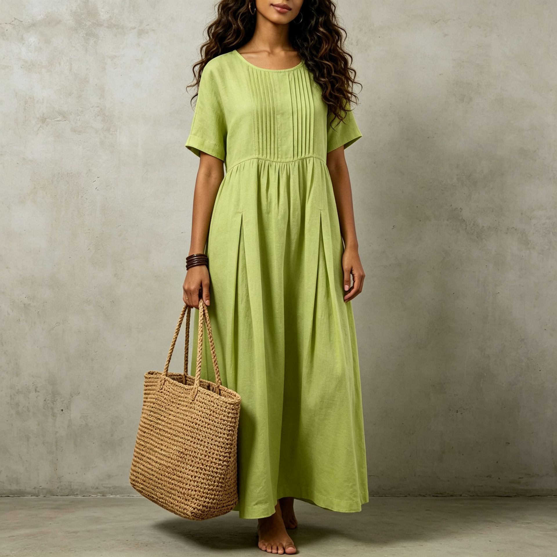 Women's Cotton Linen Short Sleeve Midi Dress Pleated Loose Solid Color