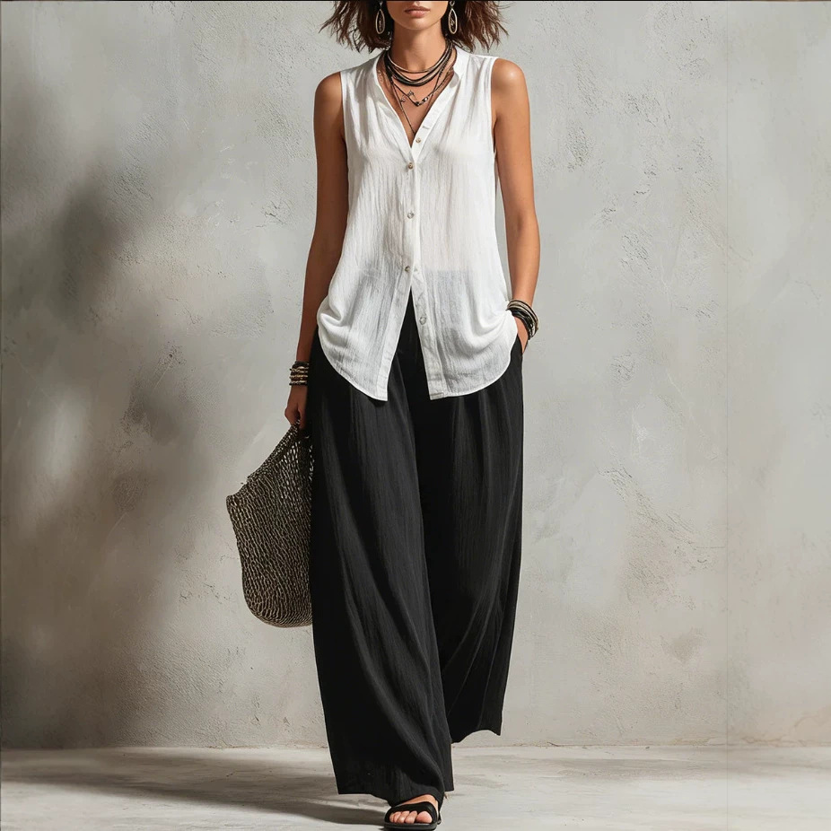 Minimalist Layered Vest Cardigan and Wide-Leg Pants Three-Piece Set