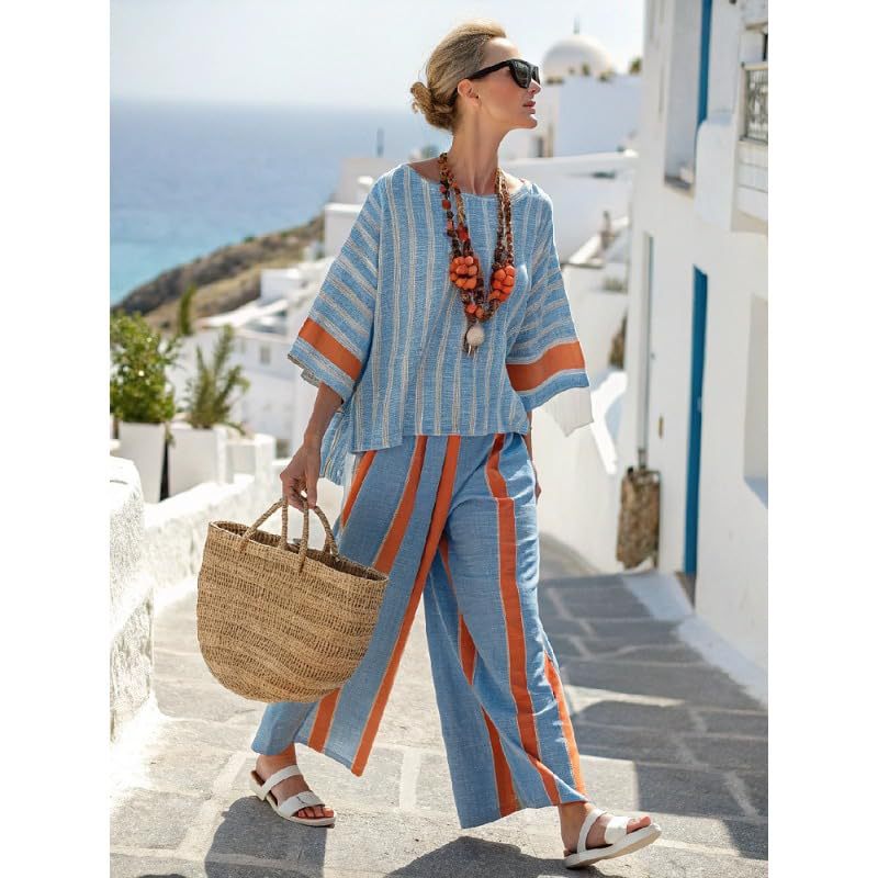 Bohemian Print Crewneck Short Sleeve Top and Pants Casual Set