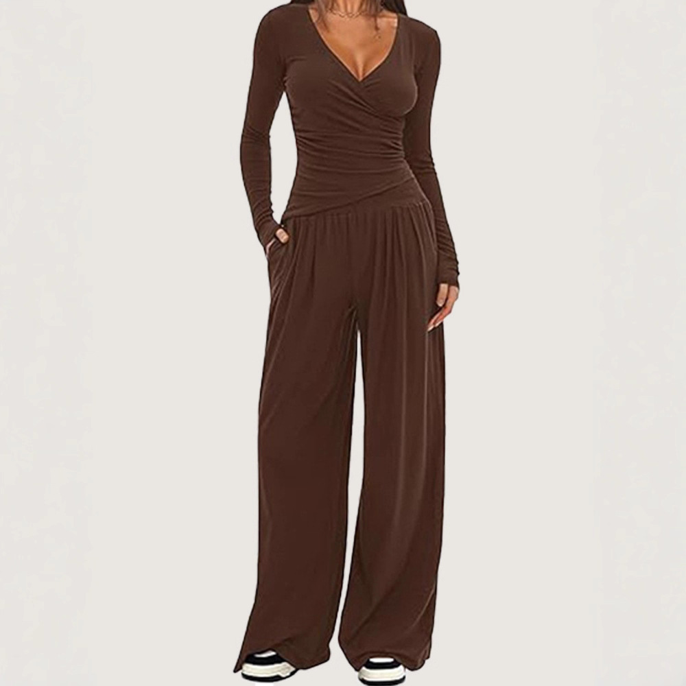 Women's Wide-Leg Pants Set Long Sleeve Solid Color Two-Piece Outfit