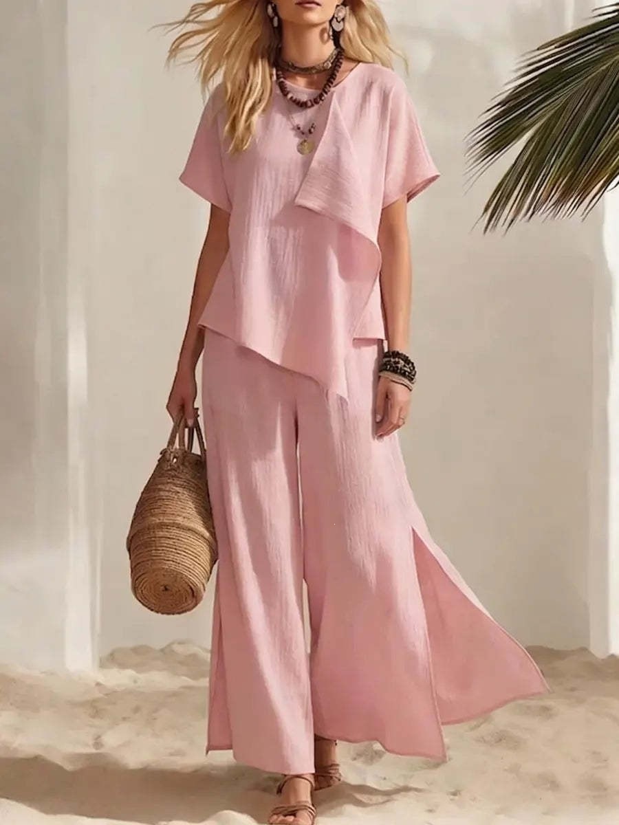 Women's Casual Asymmetric Short Sleeve Top and Slit Wide Leg Pants Set