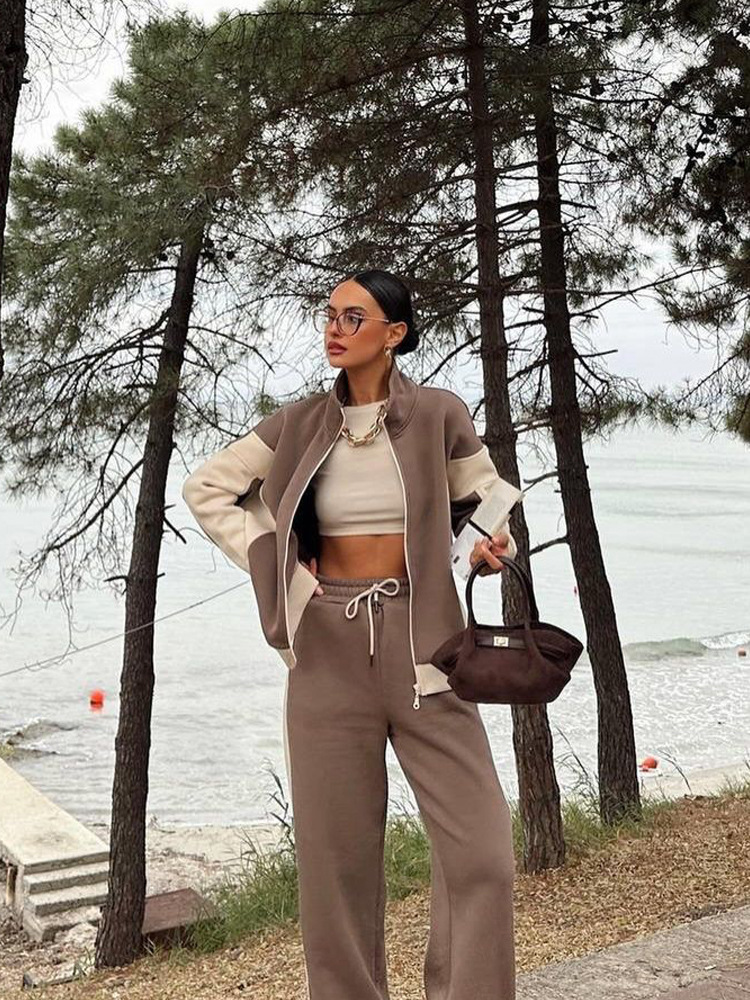 Women's Retro Color-Block Zip-Up Jacket and Pants Two-Piece Set