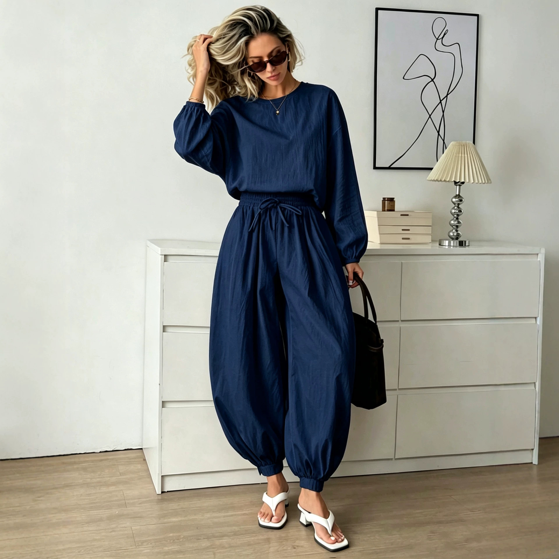 Women's Solid Color Round Neck Loose Sleeve Top and Wide-Leg Pants Two-Piece Set