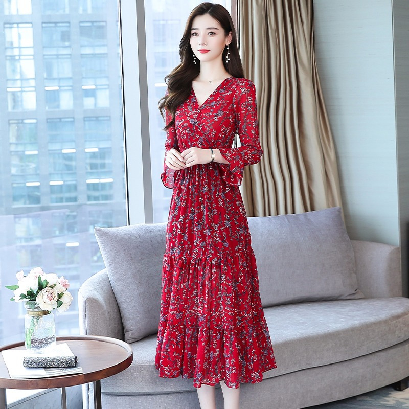 Floral Long Sleeve V-Neck Midi Dress with Waist