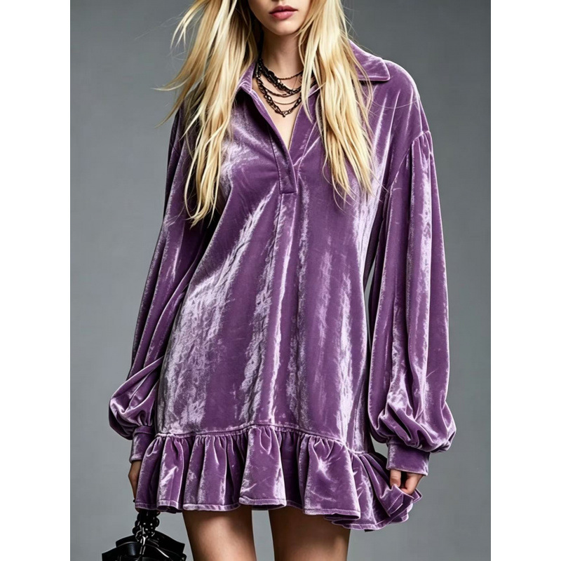 French-Style Velvet Lantern-Sleeve Ruffle Collared Shirt Dress