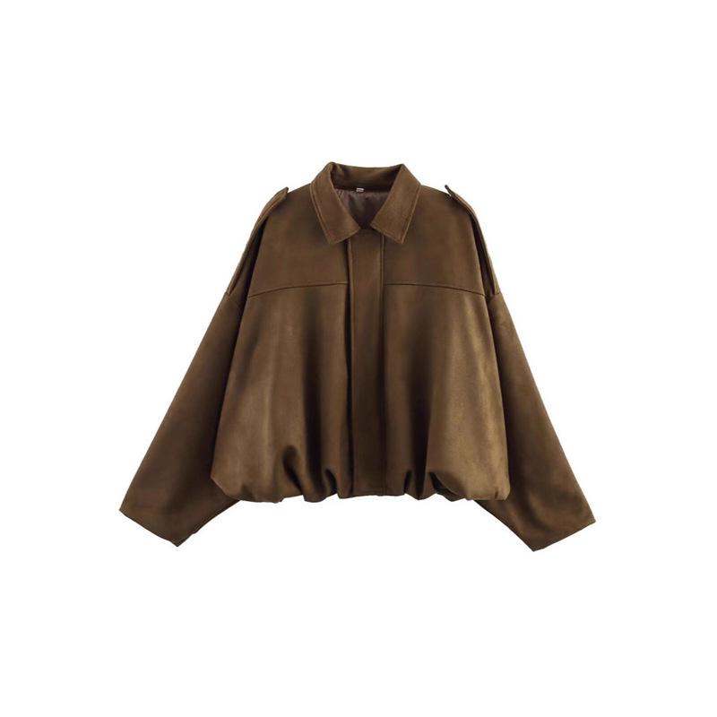 Faux Suede Bomber Jacket with Collar, Zip and Button Front