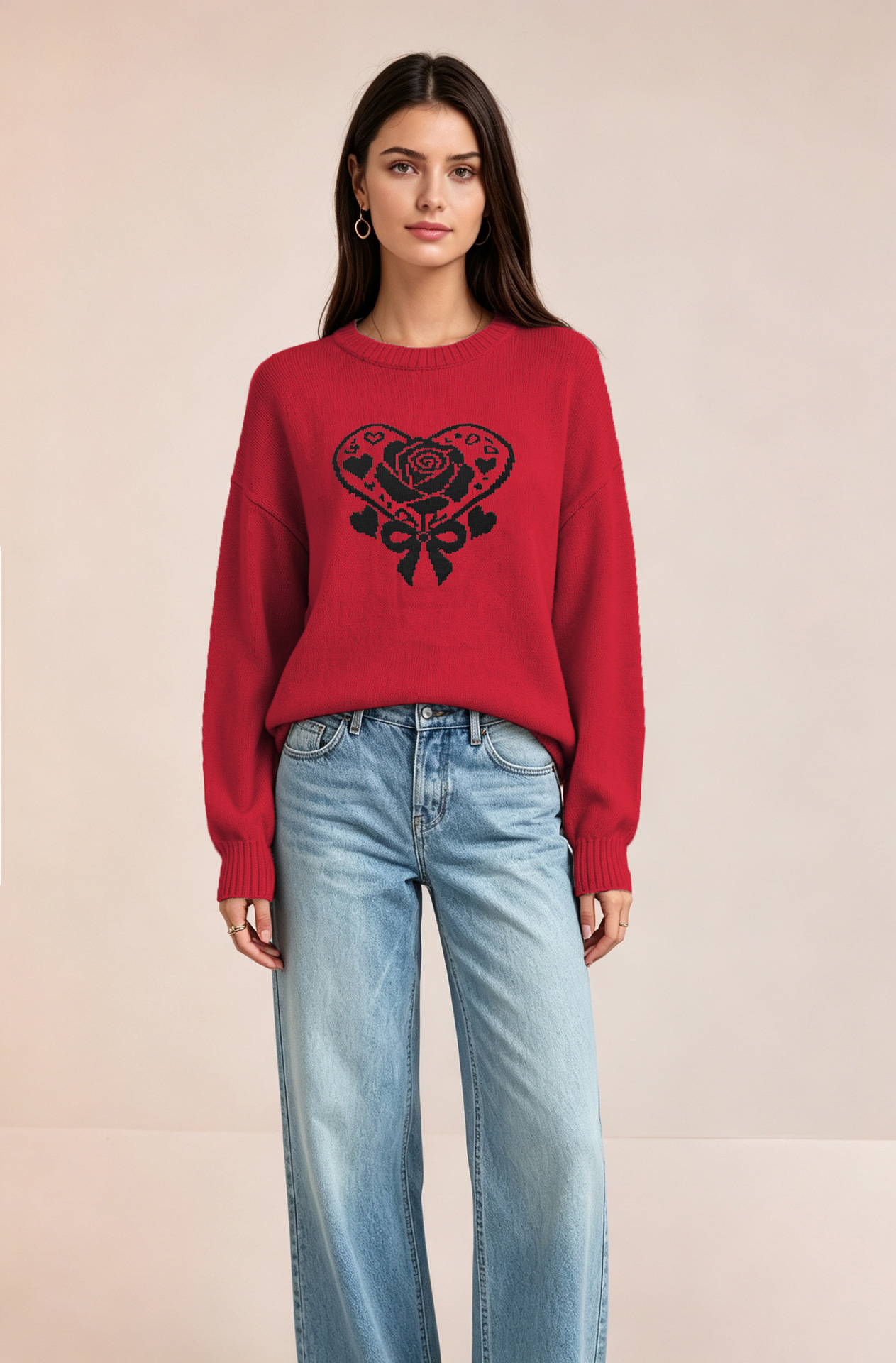 Heart Knit Sweater for Women Crewneck Long Sleeve Pullover
