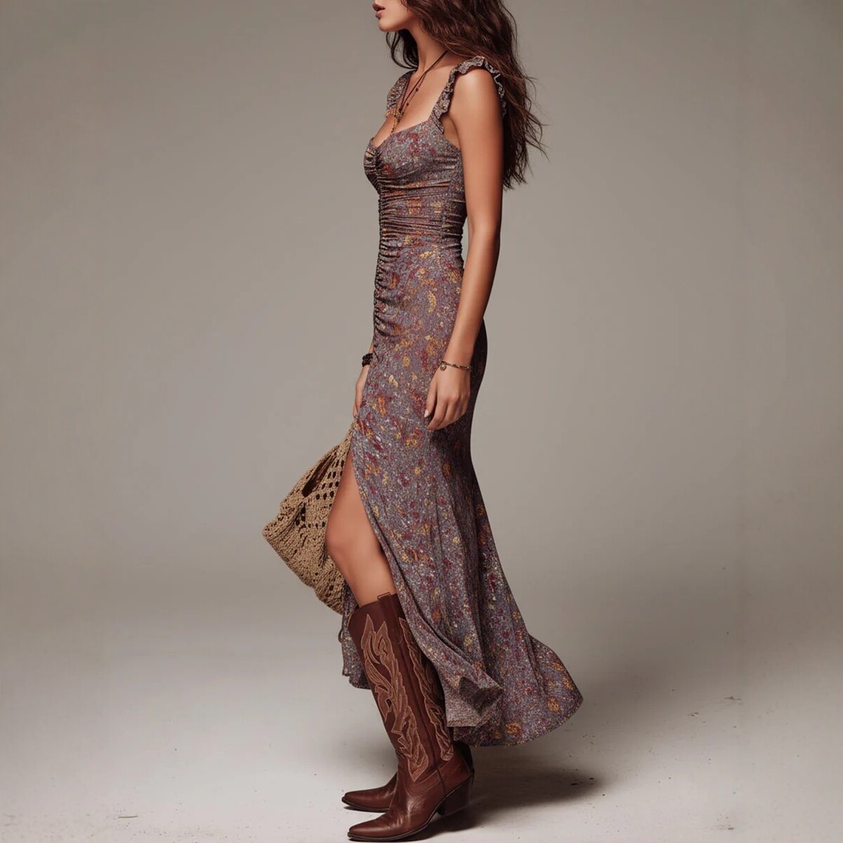 Bohemian Floral Print High Slit Long Dress with Square Neck and Cinched Waist