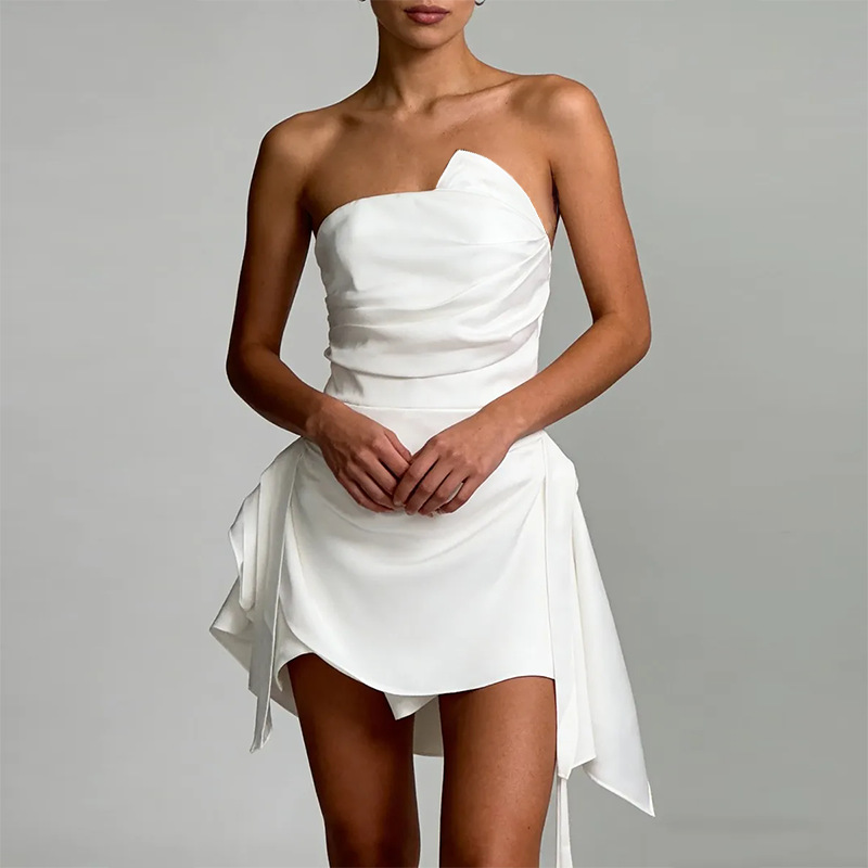 Women's Solid Color Strapless Waist-Cinched Short Dress