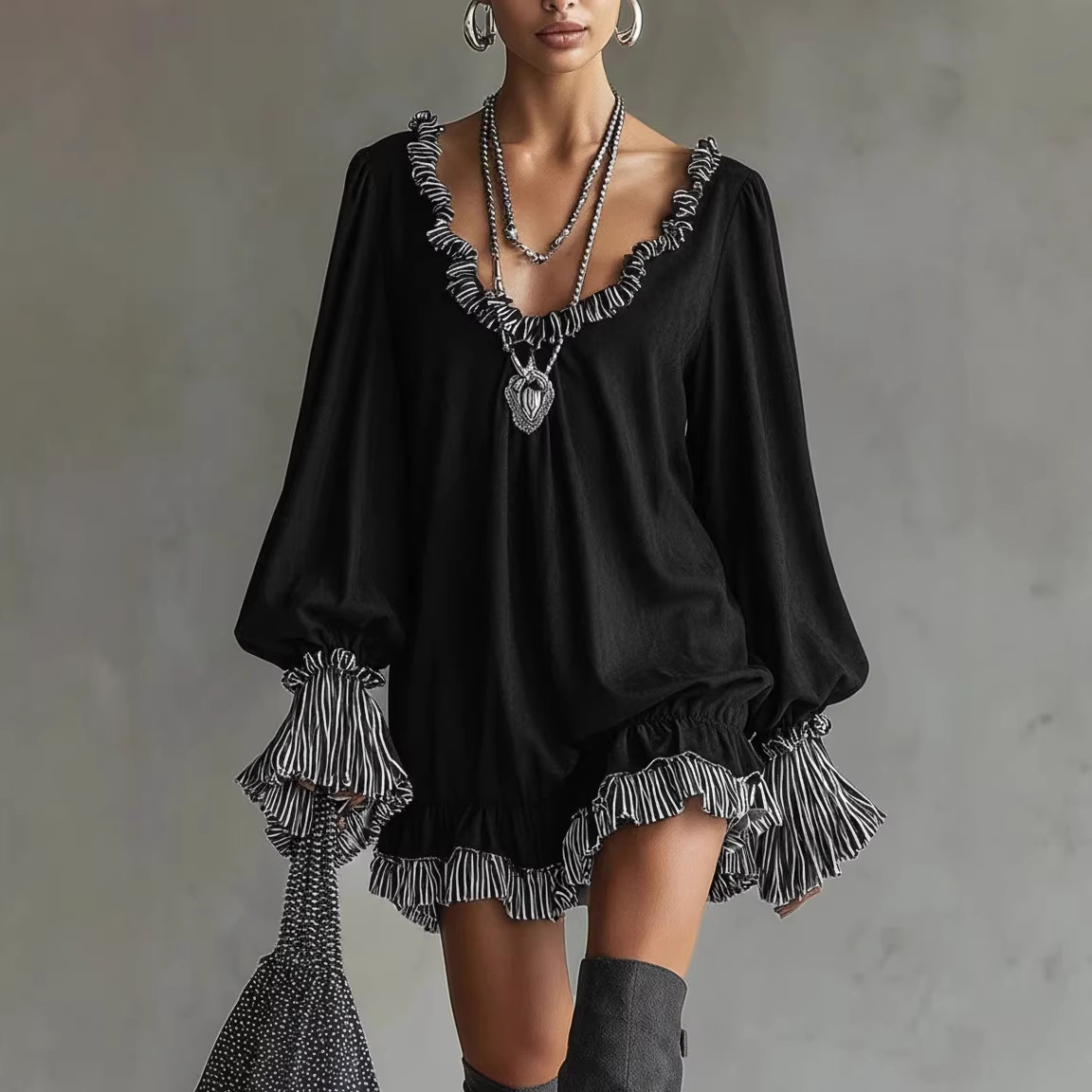 Black Ruffled V-Neck Short Dress