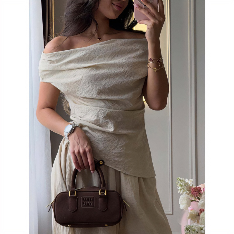 Women's Summer One-Shoulder Short-Sleeve Top & Wide-Leg Pants Set Solid Color