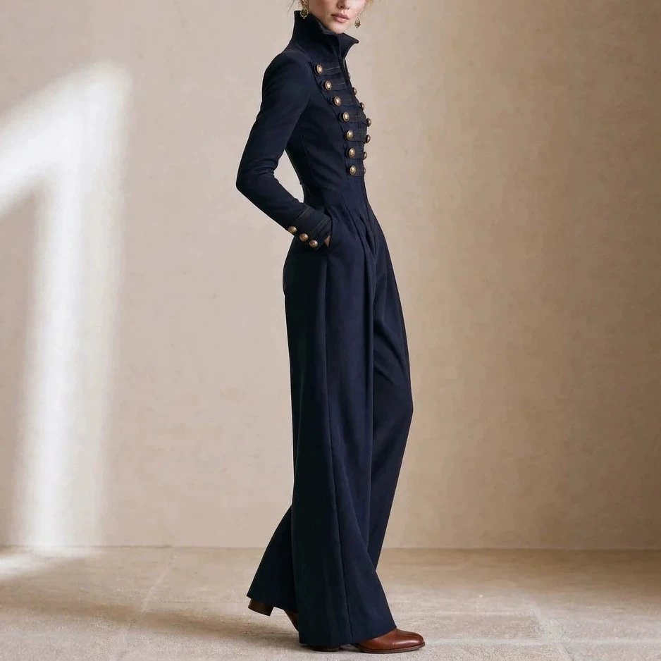 Navy Vintage Military Jumpsuit with Stand Collar, Double-Breasted Metal Buttons, Cinched Waist, Wide Leg
