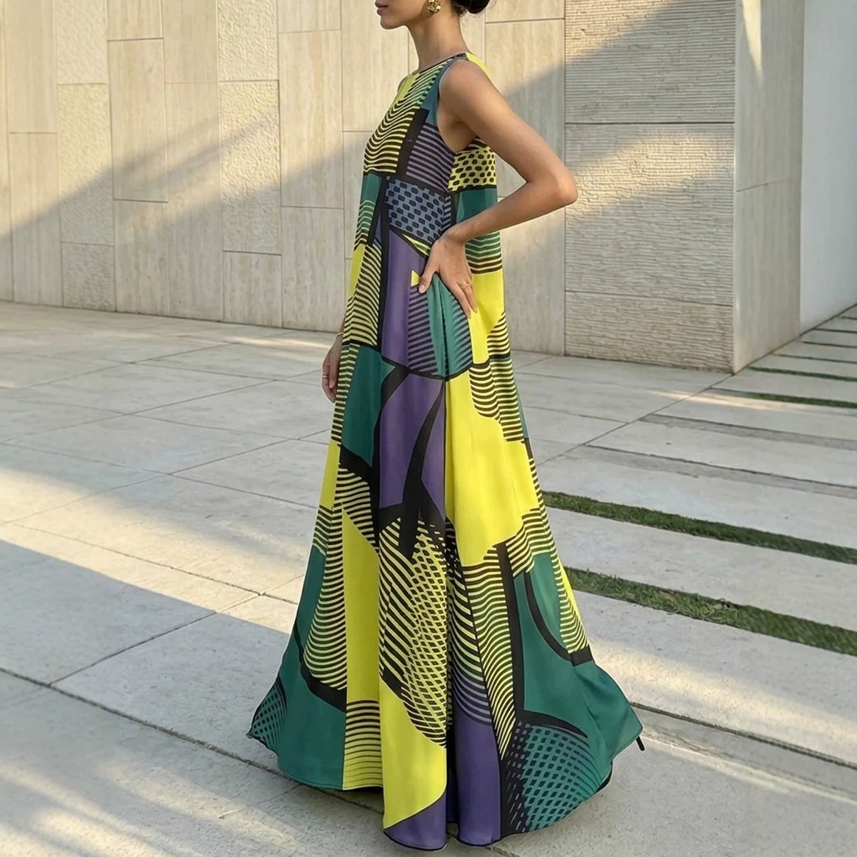 Colorblock Geometric Striped Print Sleeveless Maxi Dress