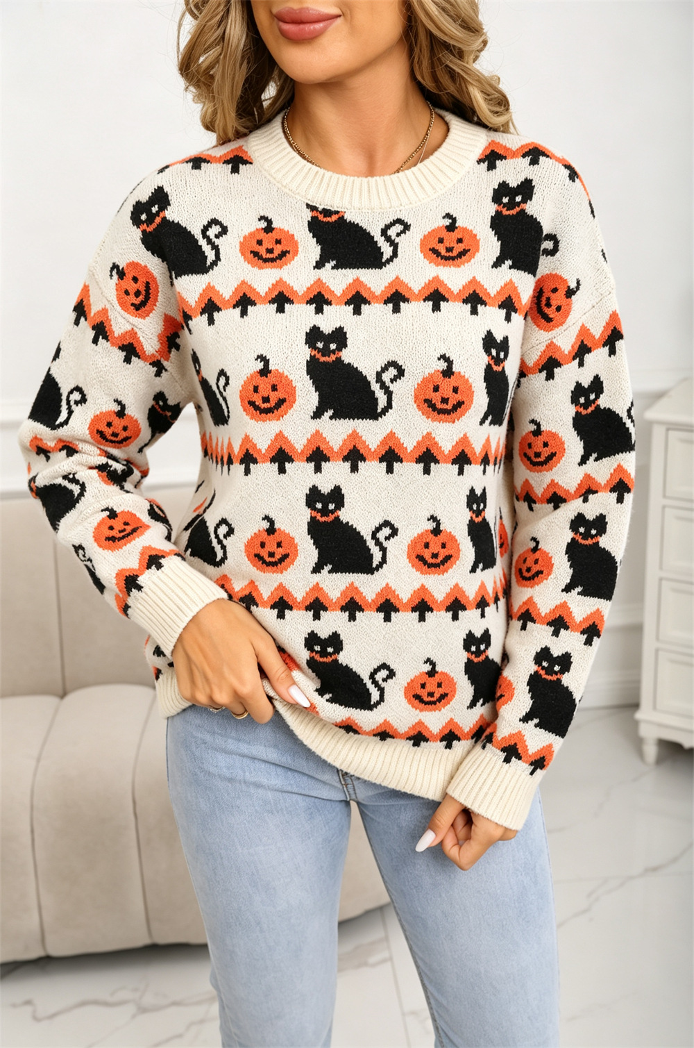 Halloween Pumpkin Crewneck Pullover Knit Sweater for Women