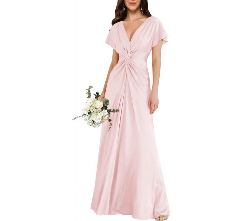 Satin Short Sleeve A-Line Dress V-Neck Midi Formal Party Bridesmaid